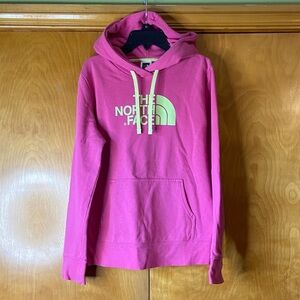 The North Face Fuchsia Hoodie with Yellow Logo. Size M